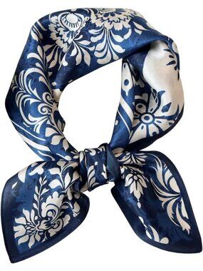 Women's Floral Navy Houndstooth Scarf for Hair Digital Printed Headscarf Silk